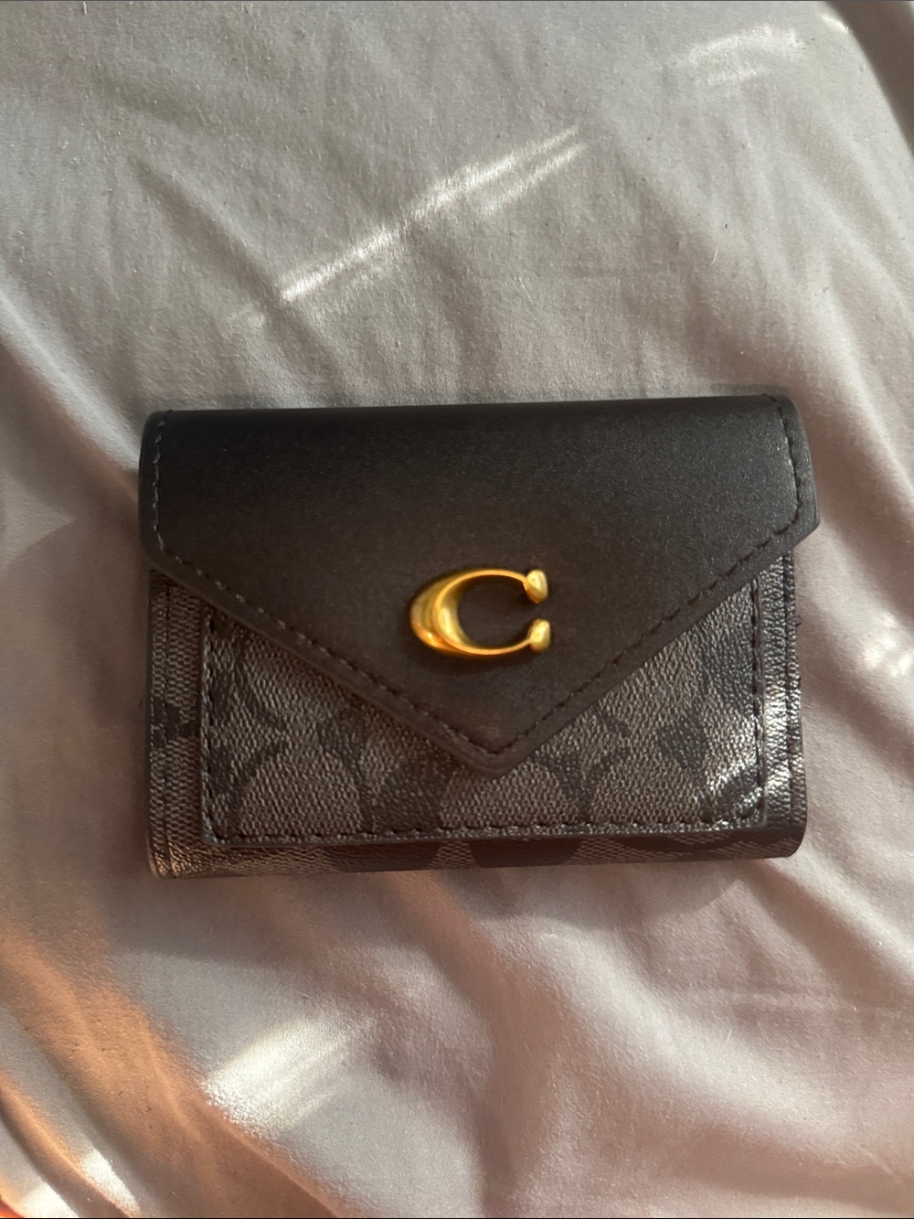 Coach Black Signature Mini Card Case Wallet with Gold 'C' Accent